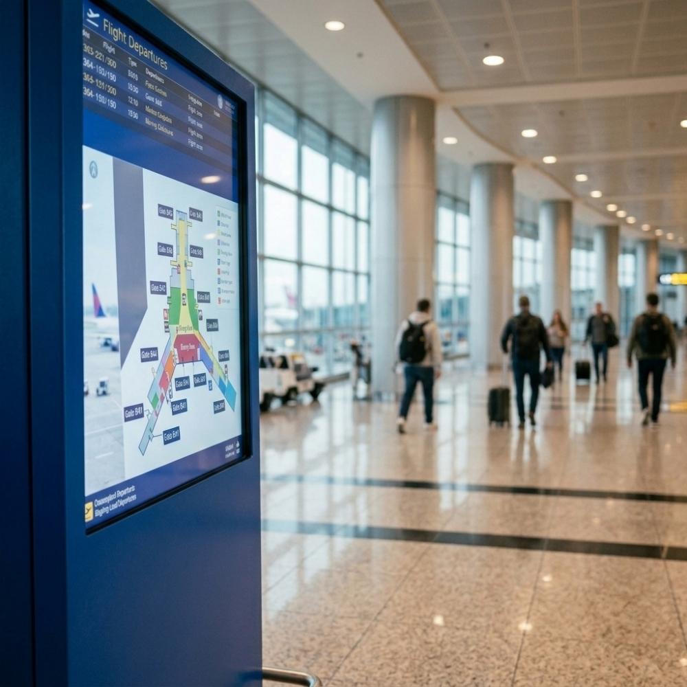 What are the characteristics of the display screens on airport self-service kiosks?