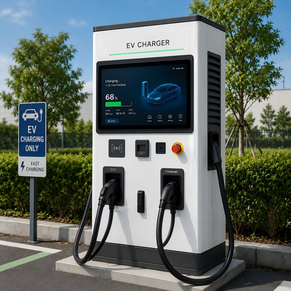 How do EV charger displays withstand rain and dust?